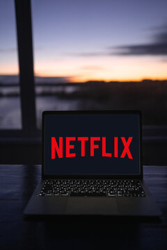 Ukraine, Odessa, February 15, 2023: a laptop is on the table in the morning at dawn near a large window