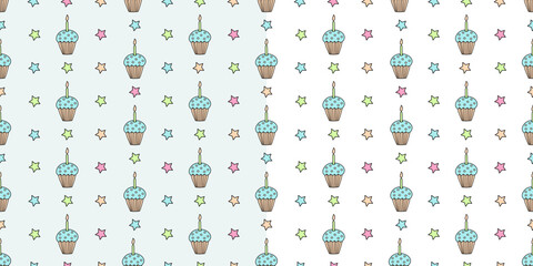 Two vector seamless patterns with  stars and birthday cakes with candles. Hand drawn color doodle illustration. Great for wrapping paper...