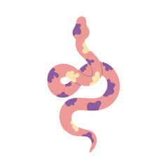 Pink snake with plants and flowers.Beautiful pink snake. Leaves and plants.Pattern with leaves and snake.Background with snake