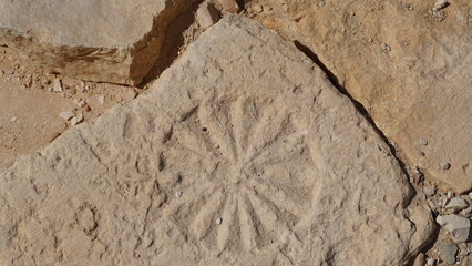 Decorative stone carvings on walls in ruins of Shivta - a national park in southern Israel
