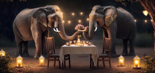 Obraz na płótnie Canvas pair of elephants sitting at picnic table having romantic dinner with candles and flowers, concept of Romance and Affection, created with Generative AI technology