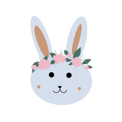 Happy Easter! Background with a cute Easter bunny and flowers.Delicate pink background with a bunny for Easter