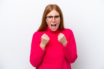 Young redhead woman isolated on white background frustrated by a bad situation