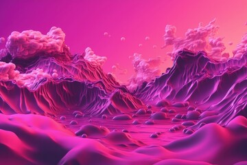 Cyber punk abstract neon color explosion concept landscape background, electronic lights in viva magenta shade. Mountain summer futuristic landscape. Generative AI.