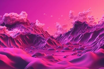 Fotobehang Cyber punk abstract neon color explosion concept landscape background, electronic lights in viva magenta shade. Mountain summer futuristic landscape. Generative AI. © Uncanny Valley