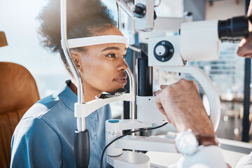 Eye exam or black woman consulting doctor for eyesight at optometrist or ophthalmologist. Face of...