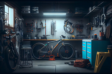 Interior of modern bicycle garage or workshop with many professionals tools and equipment. Created with Generative AI technology