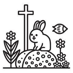 easter bunny with easter eggs illustration black outline vector