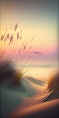 Gentle summer landscape in the morning fog on the seashore, sandy beach and calm sea. An ideal summer morning on a road trip. Generative AI.