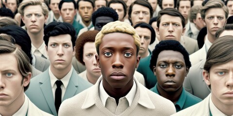 A mass of people, a huge crowd and a close up view of a young handsome man who stands out, stand out from the crowd, be different and respect differences. Generative AI.