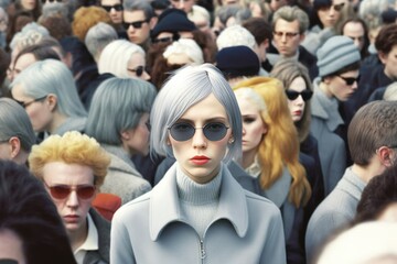 Obraz premium A mass of people, a huge crowd and a close up view of a young a young beautiful girl who stands out, stand out from the crowd, be different and respect differences. Generative AI.