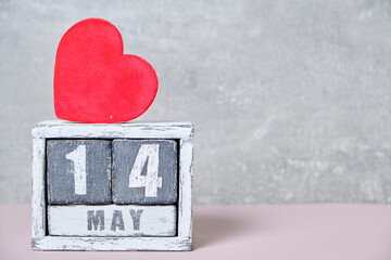 May 14, calendar with red heart gray background. Concept, mom Day.