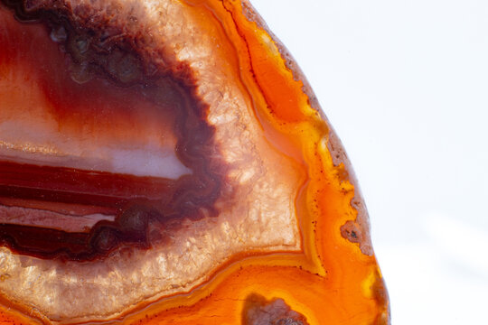 White, dark and light orange and red semi-transparent agate slice crystal, banded chalcedony stone isolated on a white background surface with detail. Abstract crystal image with lots of copy space