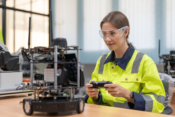 Female engineer using remote testing and control AI robot model in academy robotics automation laboratory room for use in manufacturing or industry