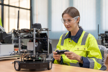 Female engineer using remote testing and control AI robot model in academy robotics automation...