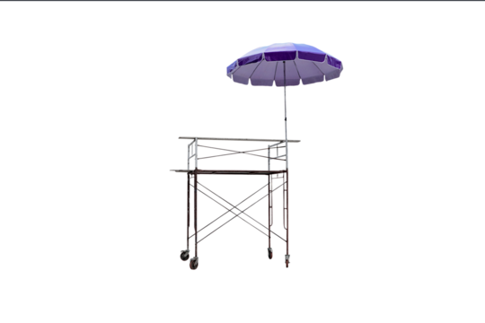 A png image of a construction scaffolding with a purple umbrella spread over the top.