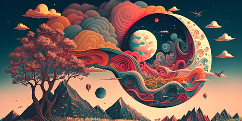 surreal landscape with a colorful patterned sky-ai generative