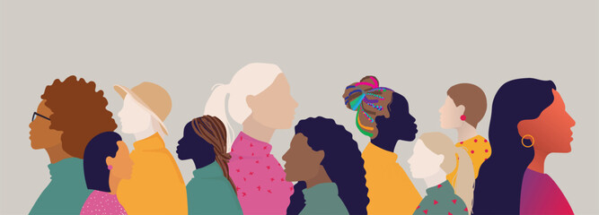group of multicultural and multiethnic woman face silhouette in profile. Concept of racial equality, friendship and woman community