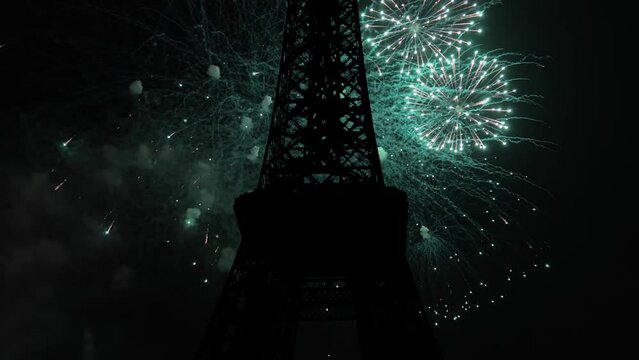  Celebratory colorful fireworks over the Eiffel Tower in Paris, France (time lapse)   