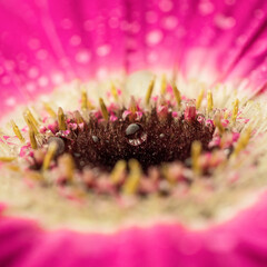 A drop of water in close-up on the base of the gerbera.