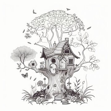 recommend clip art: A drawing of a tree house with a birdhouse on it.