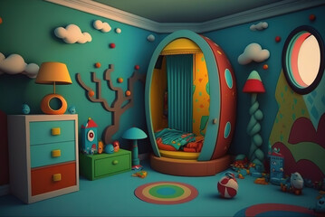 Surreal children room interior, ai art illustration 