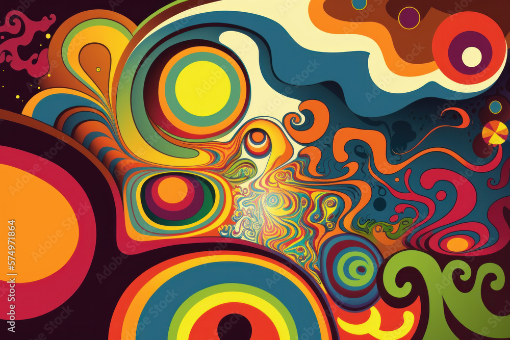 Poster psychedelic abstract background cover banner design. retro 60s 70s pattern. generative ai