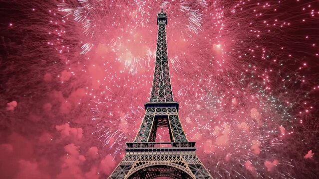  Celebratory colorful fireworks over the Eiffel Tower in Paris, France (time lapse)   