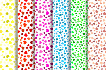 Collection of vector seamless patterns of yellow, red, pink, blue, green, beige hearts for websites, wallpapers, clothes, wrapping, printing