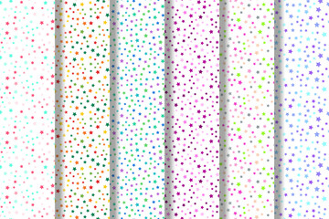 Set of vector seamless patterns of various multicolored stars on white background for fabric, textile, wallpapers, postcards, placards