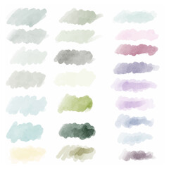 A hand-drawn watercolor set of strokes of yellow, blue, green colors highlighted on a white background. Textures of water brushes for your design.