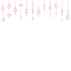 ピンク色の宝石のチェーンが並ぶ正方形フレーム。水彩絵の具で描いたイラスト。