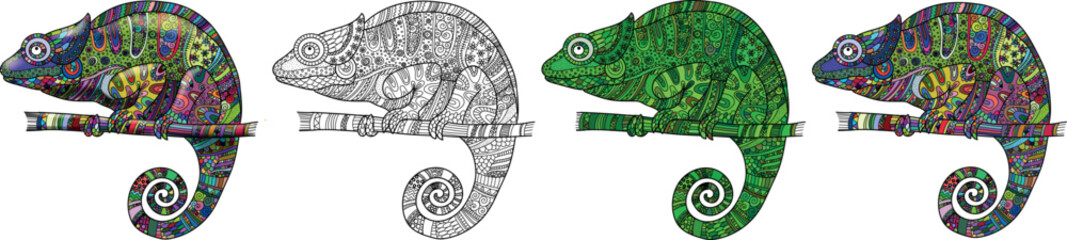 A set of bright beautiful chameleons. Vector file for designs. © TATYANA