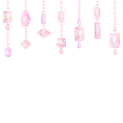 ピンク色のペンダントが並ぶ正方形フレーム。水彩絵の具で描いたイラスト。