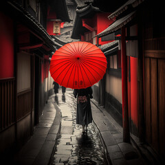 Asian red umbrella. Generative AI.
