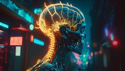 Generative AI  of a human skull with neon light in the city