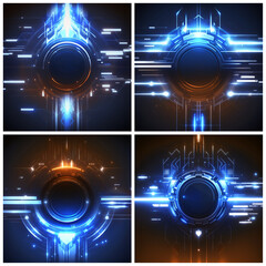 Set of dark blue tech illustrations. Modern compositions. Generative AI.