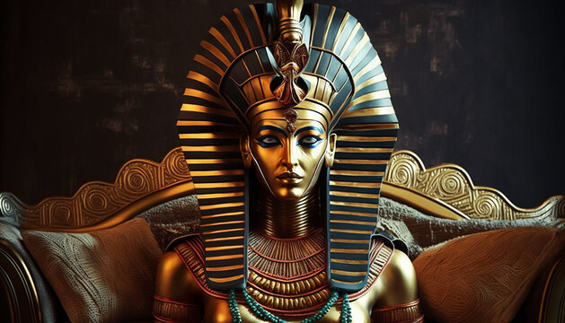 Egyptian Pharaoh Queen statue wearing Golden mask sitting on Royal Throne