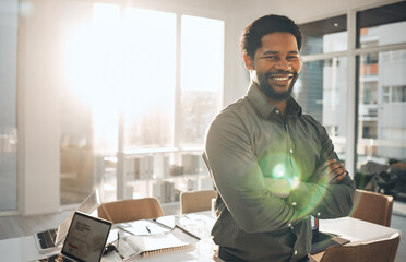 Portrait, business and smile of black man with arms crossed in office for vision, mission or...