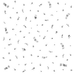 Silver confetti flying in the air for decorating holiday backgrounds. Overlay with gray glitter confetti