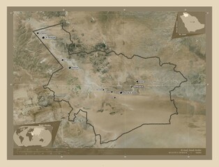 Al Jawf, Saudi Arabia. High-res satellite. Labelled points of cities