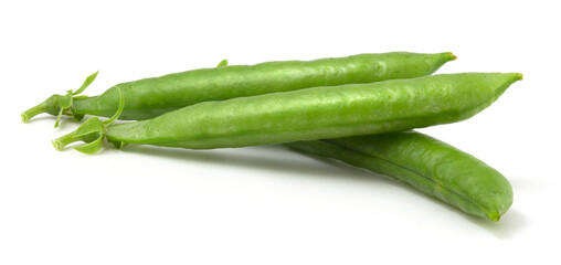 Delicious young peas in a pod isolated on white background. Sweet peas.