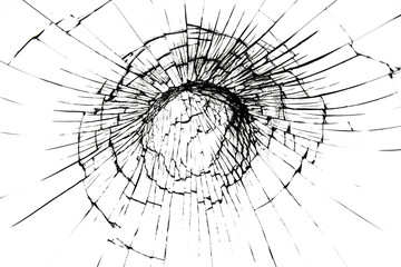 a crack on a broken glass mirror on a black background lines fragments bullet hole
