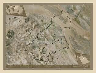 Fototapeta na wymiar Al Qasim, Saudi Arabia. High-res satellite. Labelled points of cities
