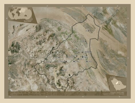 Al Qasim, Saudi Arabia. High-res satellite. Labelled points of cities