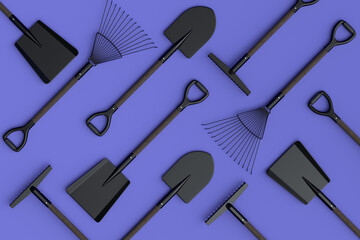 Garden shovel, pitchfork and rake on violet background, summer camping concept