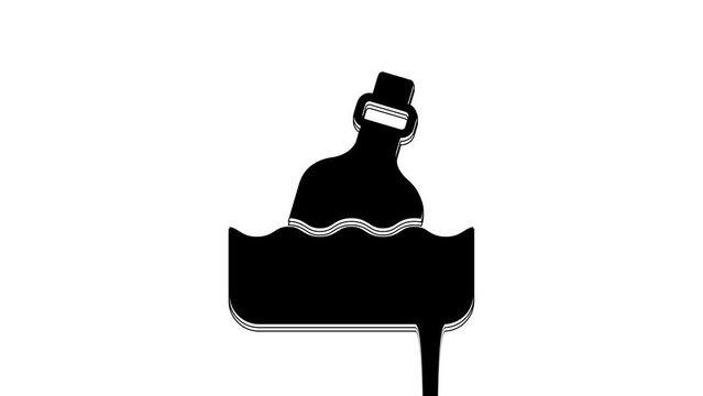 Black Glass bottle with a message in water icon isolated on white background. Letter in the bottle. Pirates symbol. 4K Video motion graphic animation