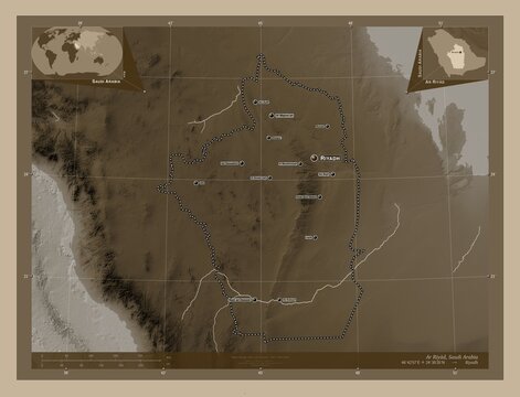 Ar Riyad, Saudi Arabia. Sepia. Labelled points of cities