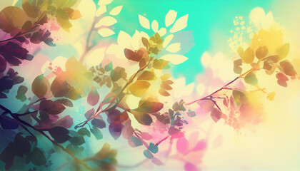 Abstract foliage against a pastel sky, the leaves transitioning through a soft spectrum of spring colors.