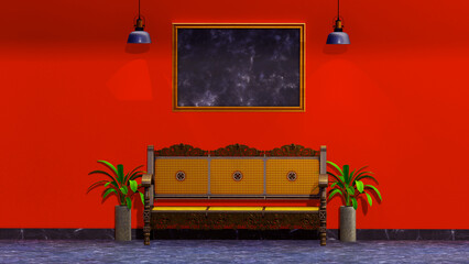 Traditional chairs and frames  with red and Green wall, 3d illustration